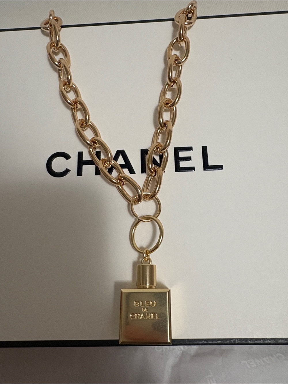 Blue De Chanel Perfume Bottle Charm on Gold Statement Necklace ⭐️✨ - Picture 3 of 7